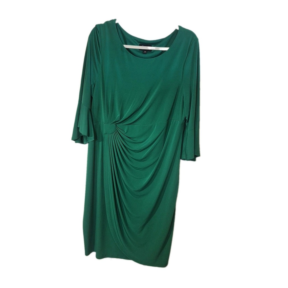 Connected Apparel Emerald Green Ruched Autumn Cocktail Dress Faux Wrap Size 18